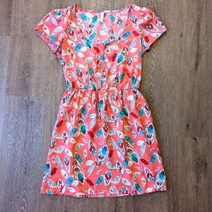 Xhilaration Peach/Pink Dress with Feather Designs, Size Medium